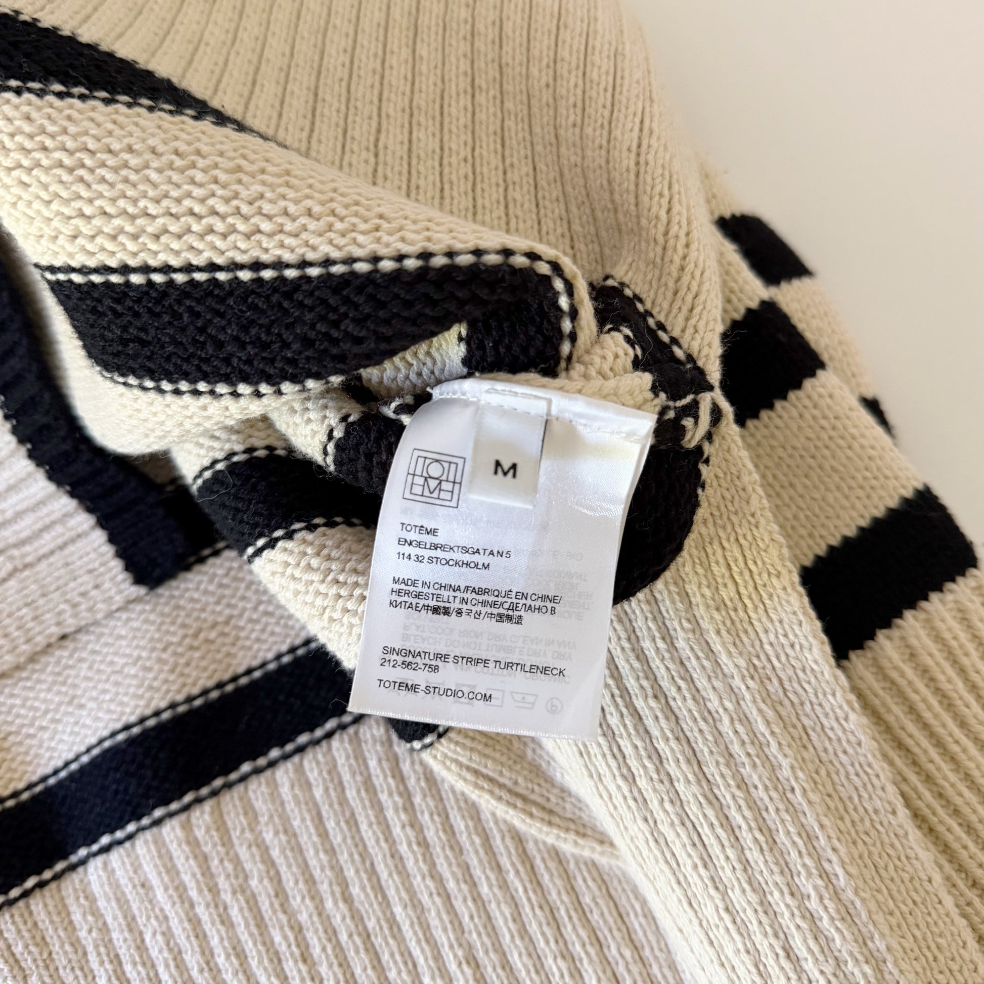 Toteme Signature Stripe Wool Turtleneck Sweater in Light Sand Size M