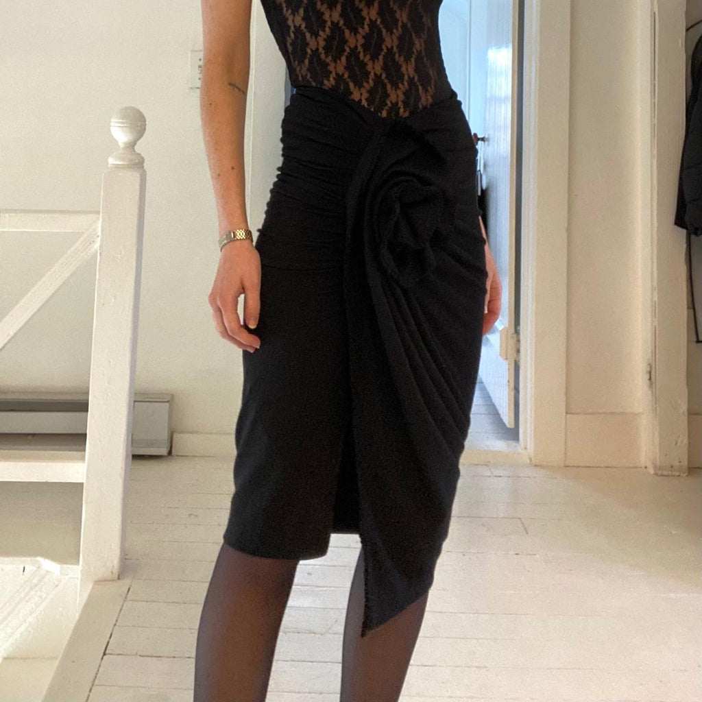 Donna Karan Collection Ruched Vintage Wool Jersey Rosette Wrap Skirt NWT Size P