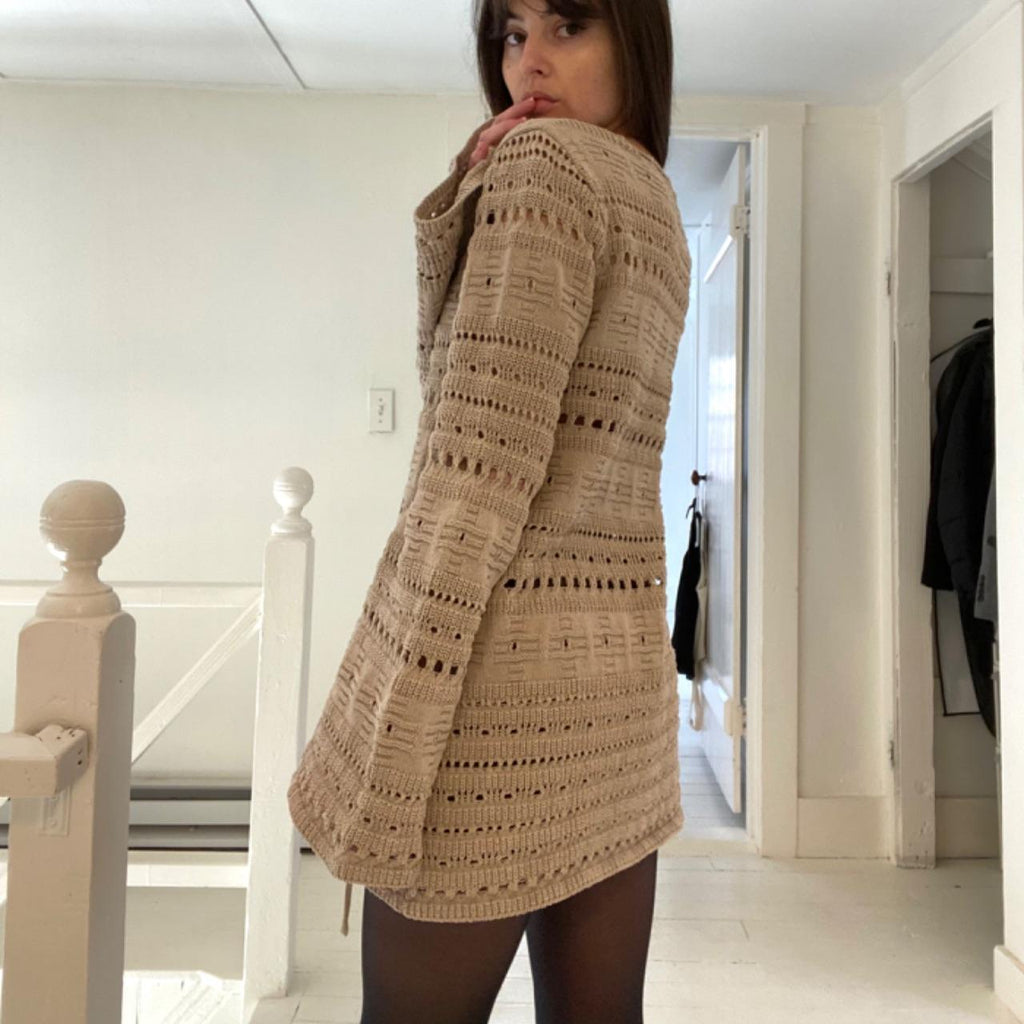 TheOpen Product Pointelle Crochet Knit Wide Sleeve Sweater in Beige Size 1