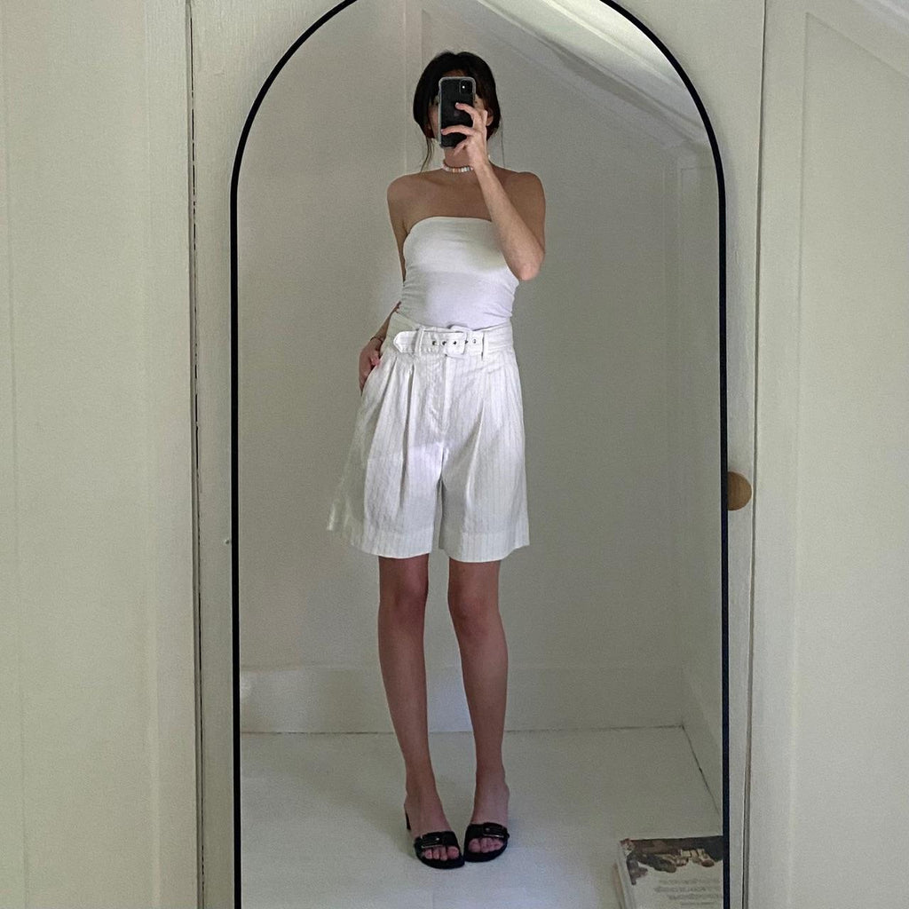 Banana Republic Pinstripe Linen Bermuda Short Ivory & Navy Stripe Size 0P