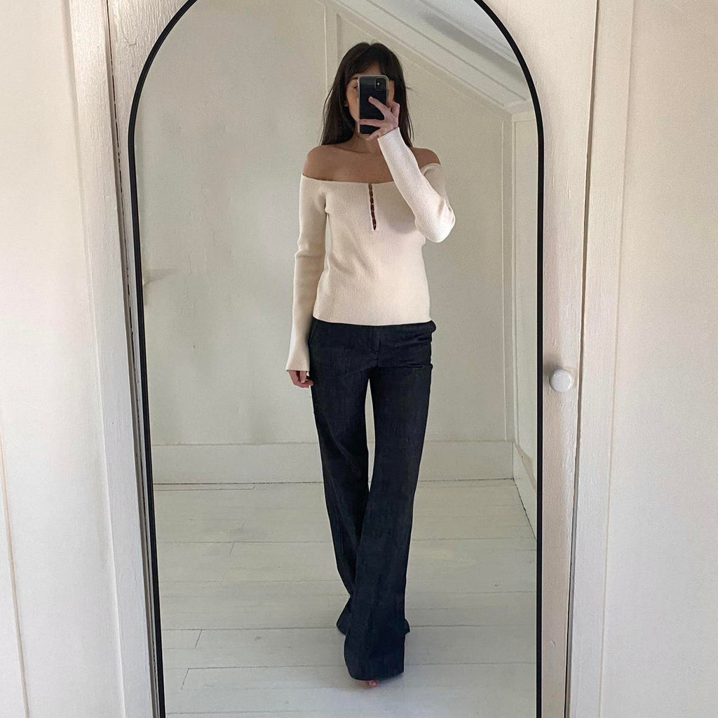 Helmut Lang Eyelet Hook Off Shoulder Knit Top in Winter White NWT Size M