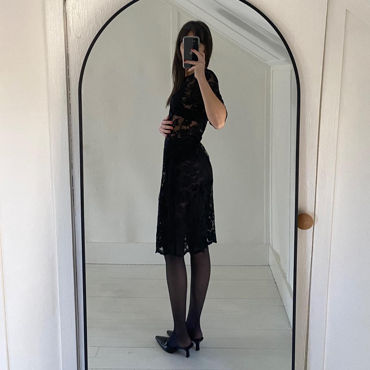 abs collection black dress ABS By Allen Schwartz Vintage Y2K Sheer Lace Pencil Dress Size P Romy Cecile Collective