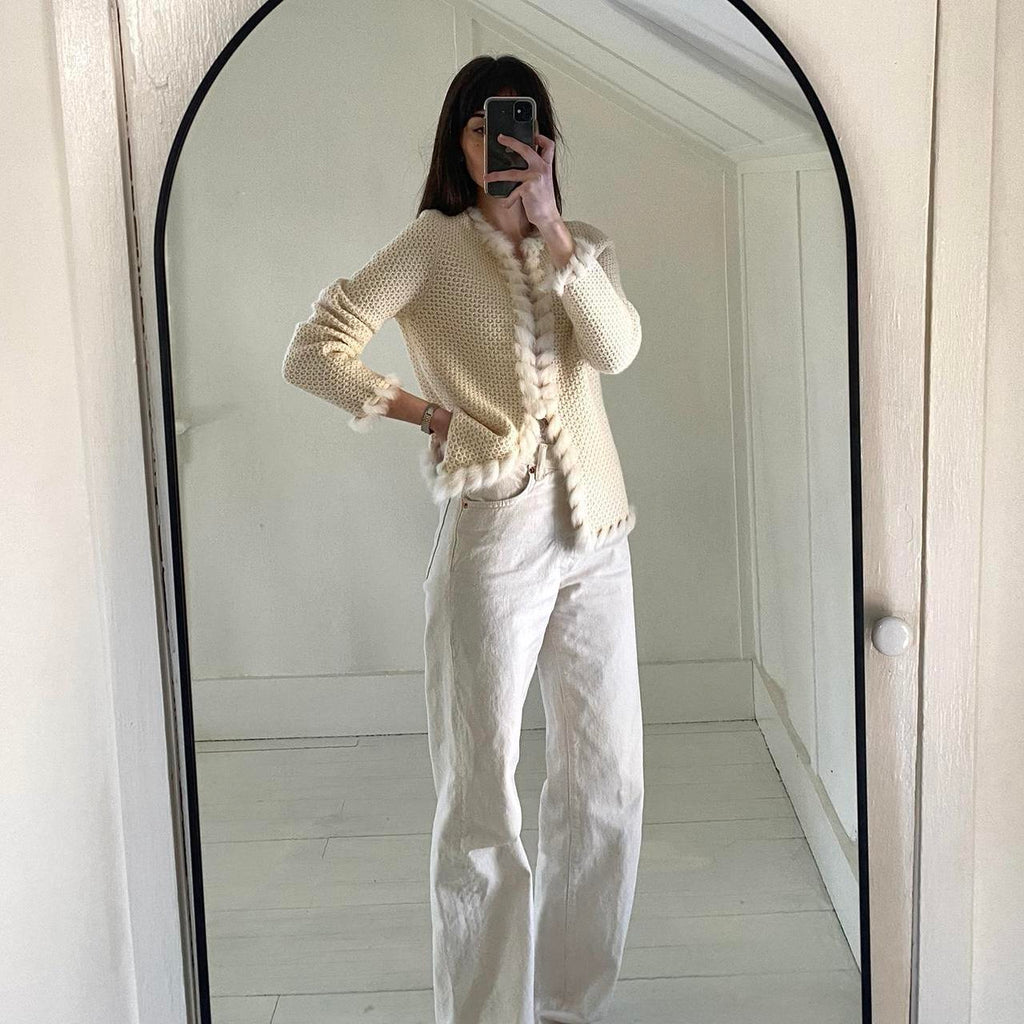 Jones New York Fur Trimmed Wool Cardigan Sweater Size PS