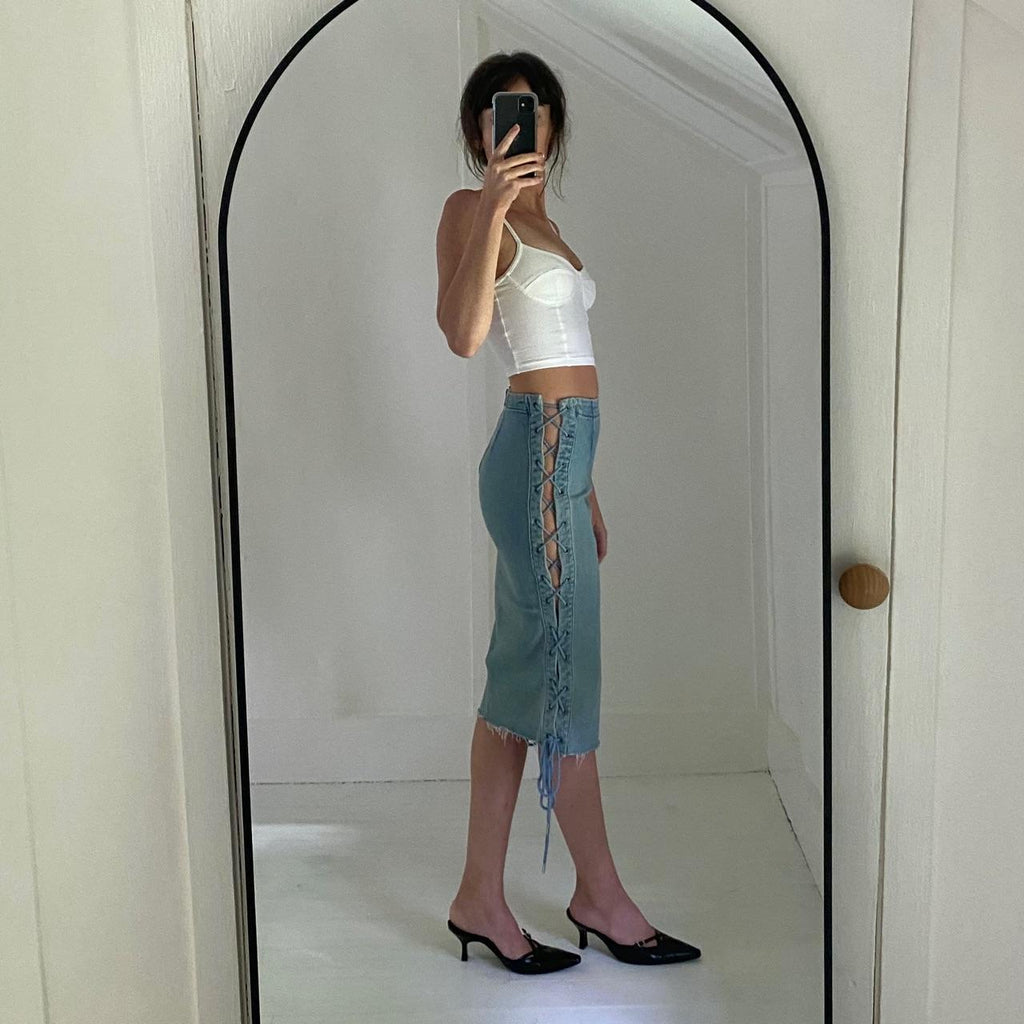 Grlfrnd Crystal Denim Lace Up Pencil Skirt in Beat Drop Size XS