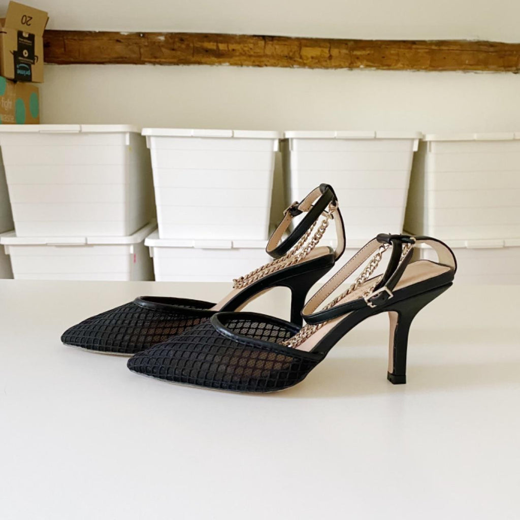 BCBGeneration Mayah Ankle Chain Sheer Mesh Heels Black Size 6