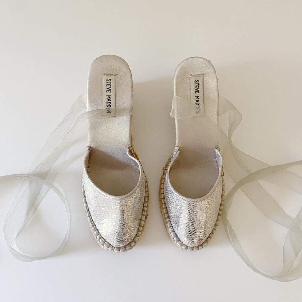 Steve Madden P-Boca Sequin Ribbon Wrap Espadrille Wedges Size 8