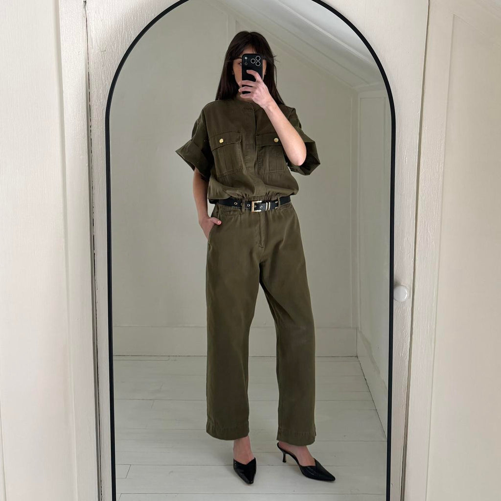 Frame Denim Le Tomboy Cotton Twill Jumpsuit in Washed Moss Size M