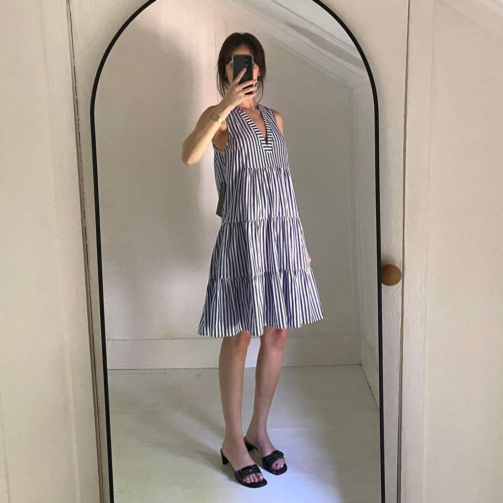 Pomander Place Kenzo Sleeveless Poplin Mini Dress in Blue & White Stripe NWT Size S