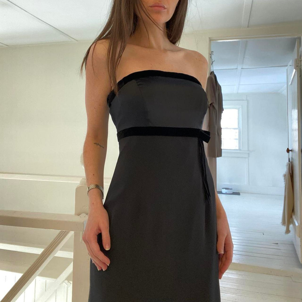 Fenn Wright Manson Vintage Y2K Velvet Trim Silk Strapless Midi Dress Size UK 10