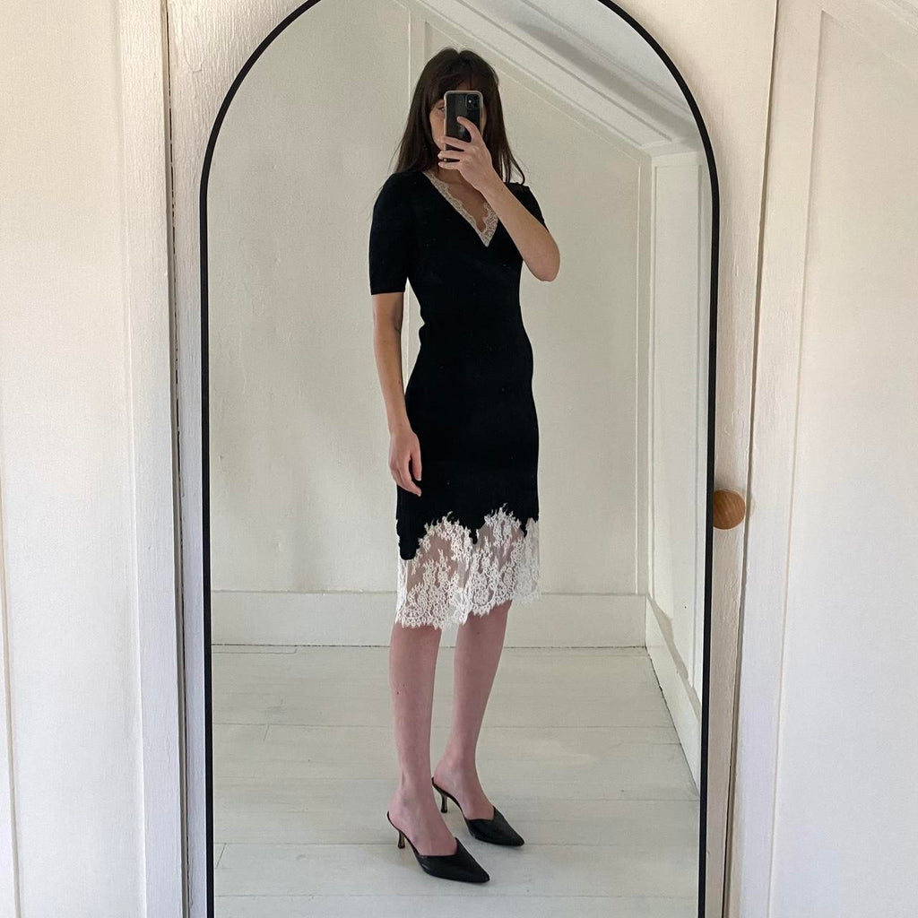 Ochirly Knit Sheer Lace Trim Midi Dress Size M