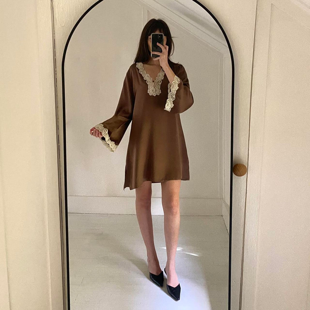 Christine Vancouver Vintage 90s Silk Satin Lace Trim Mini Slip Dress Size M