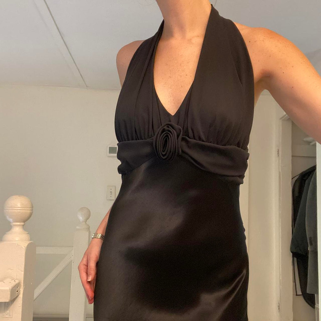 Be Smart Vintage 90s Rosette Satin Halter Gown Size 3/4
