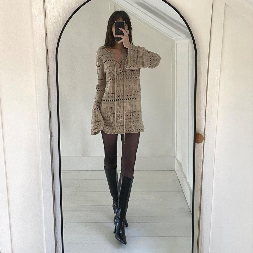 TheOpen Product Pointelle Crochet Knit Wide Sleeve Sweater in Beige Size 1