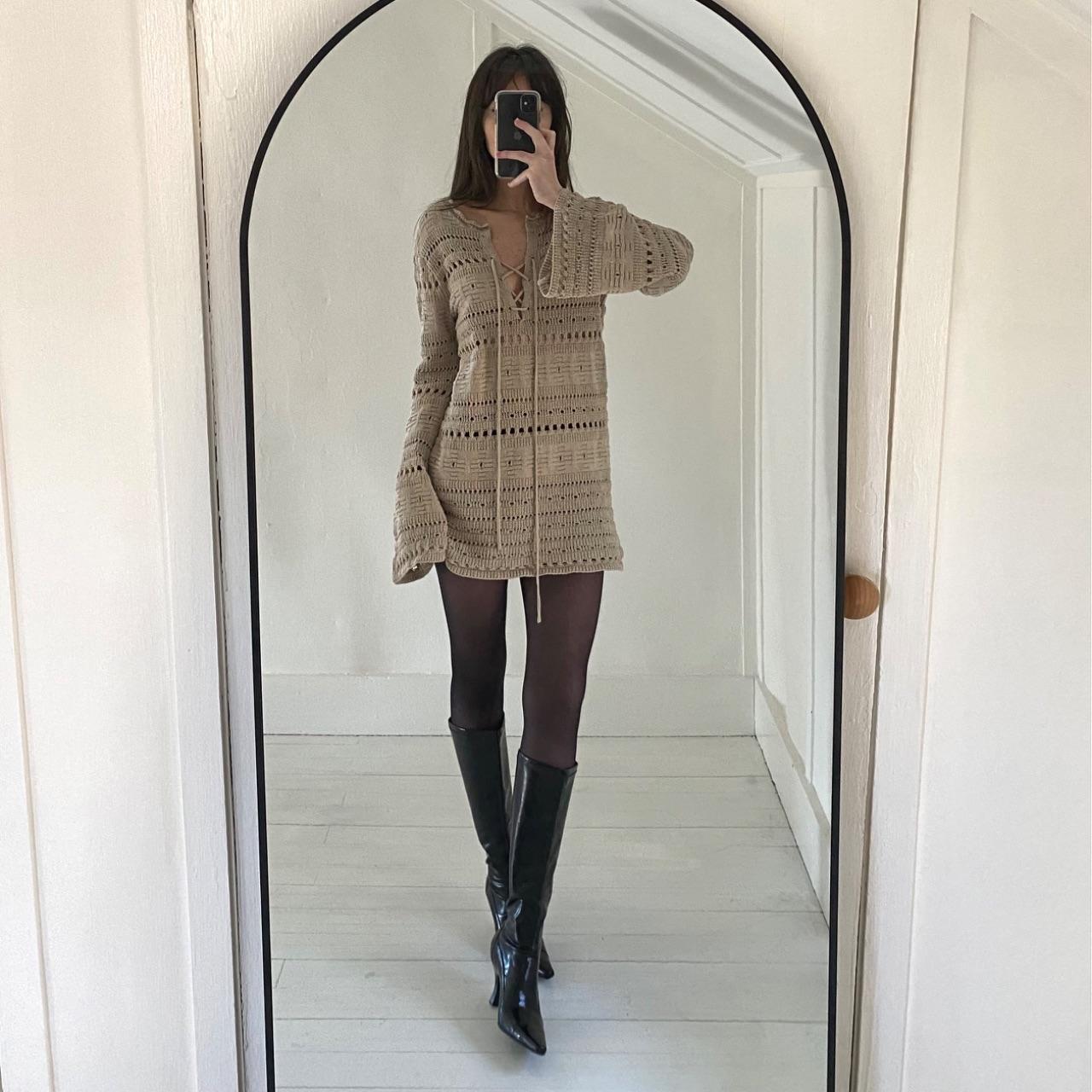 TheOpen Product Pointelle Crochet Knit Wide Sleeve Sweater in Beige Size 1