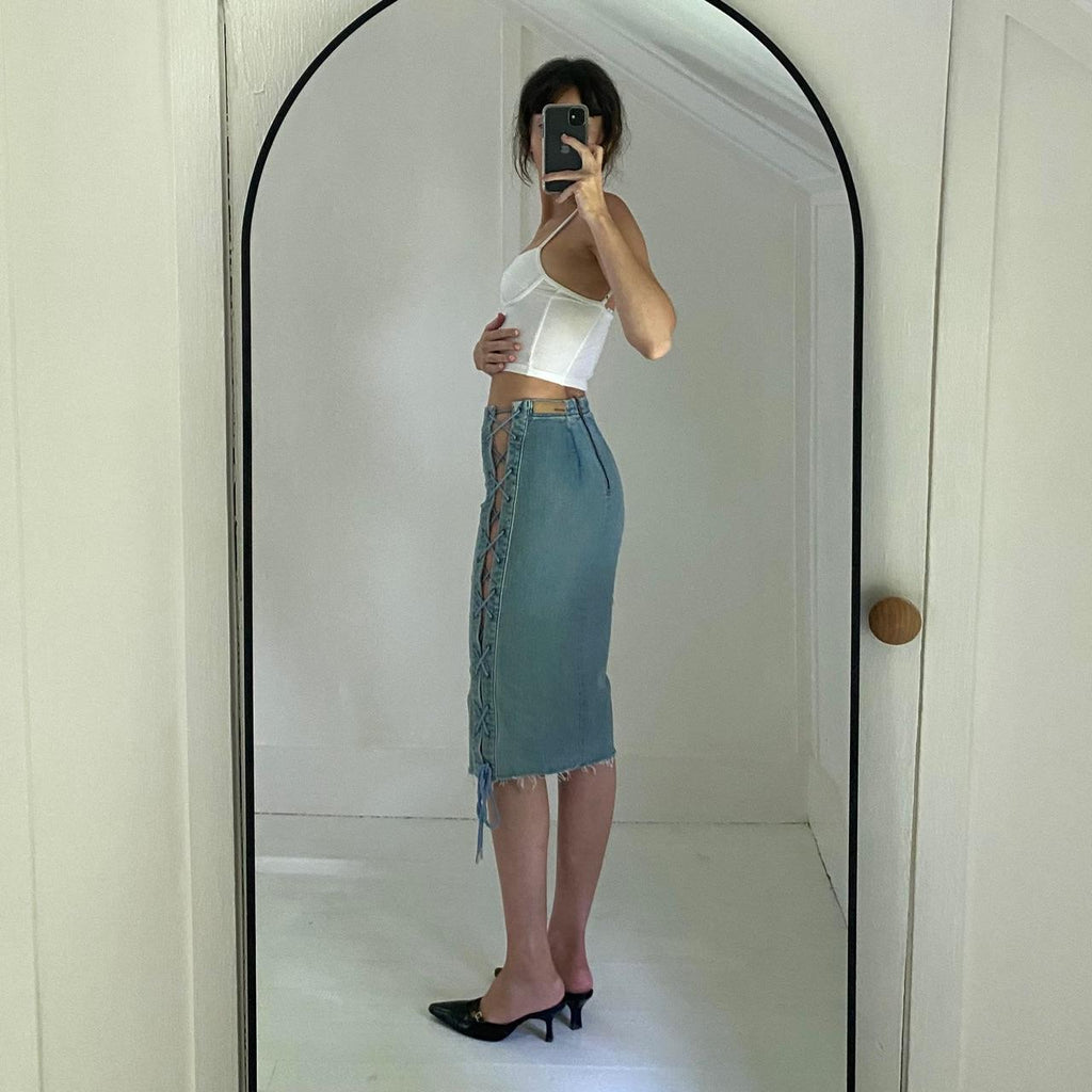 Grlfrnd Crystal Denim Lace Up Pencil Skirt in Beat Drop Size XS