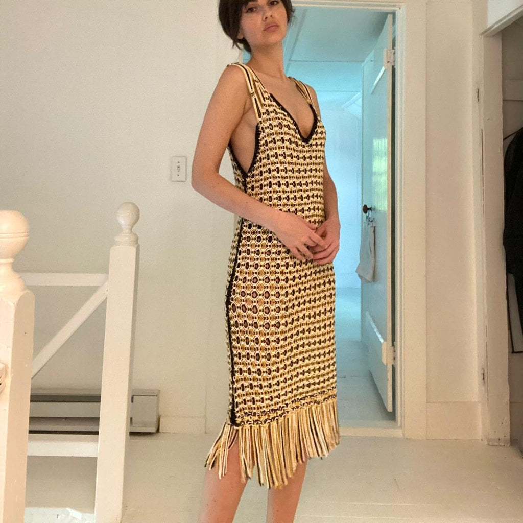 Edun Macrame Fringe Midi Dress in Black Multi NWT Size M