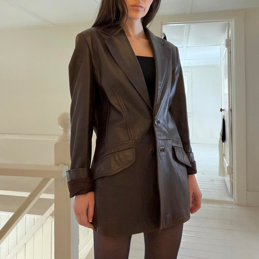 Laurèl by Escada Vintage Y2K Leather Blazer Jacket Size 40