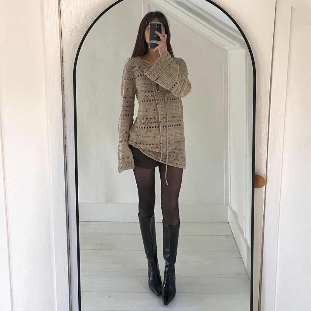 TheOpen Product Pointelle Crochet Knit Wide Sleeve Sweater in Beige Size 1