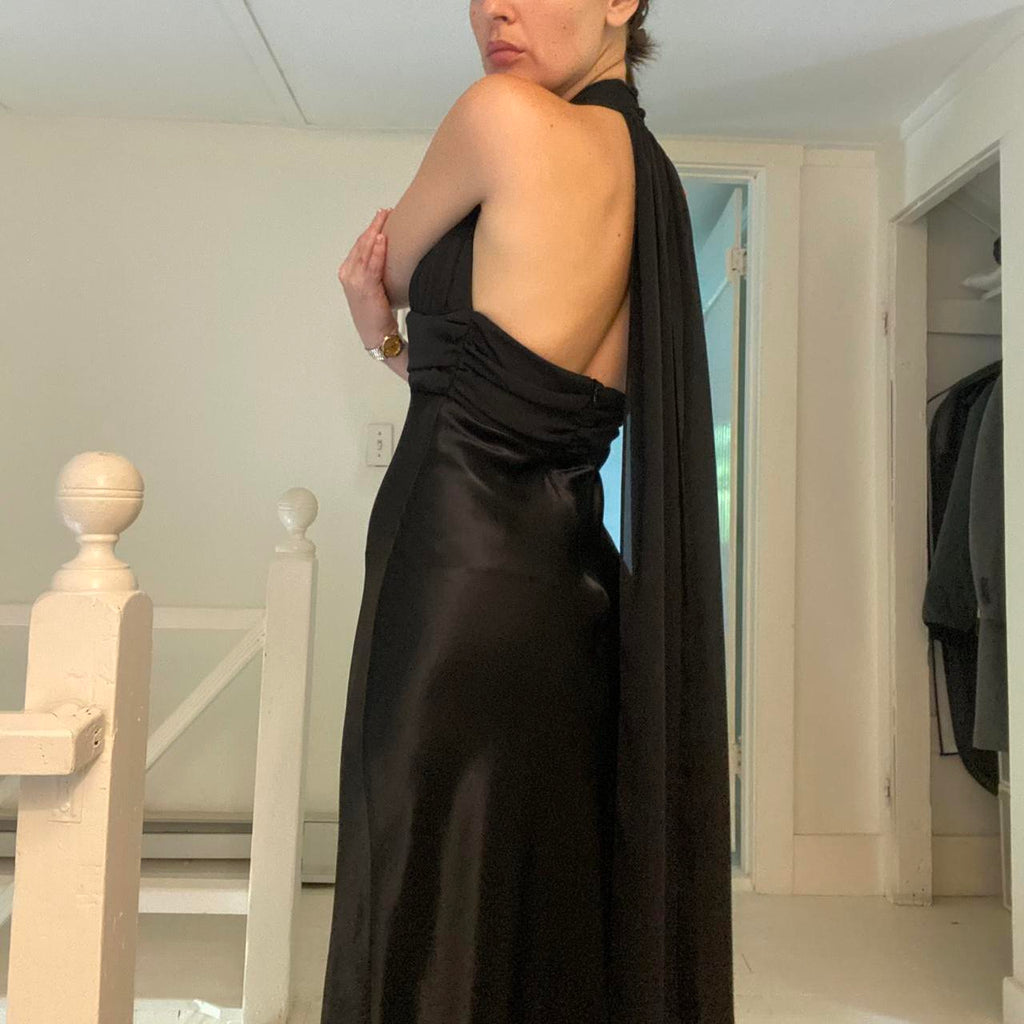 Be Smart Vintage 90s Rosette Satin Halter Gown Size 3/4