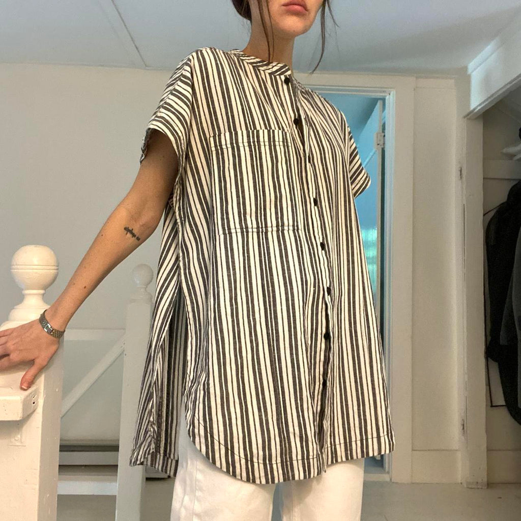 Apiece Apart Pia Cotton Linen Tunic Shirt in Espana Stripe Size L