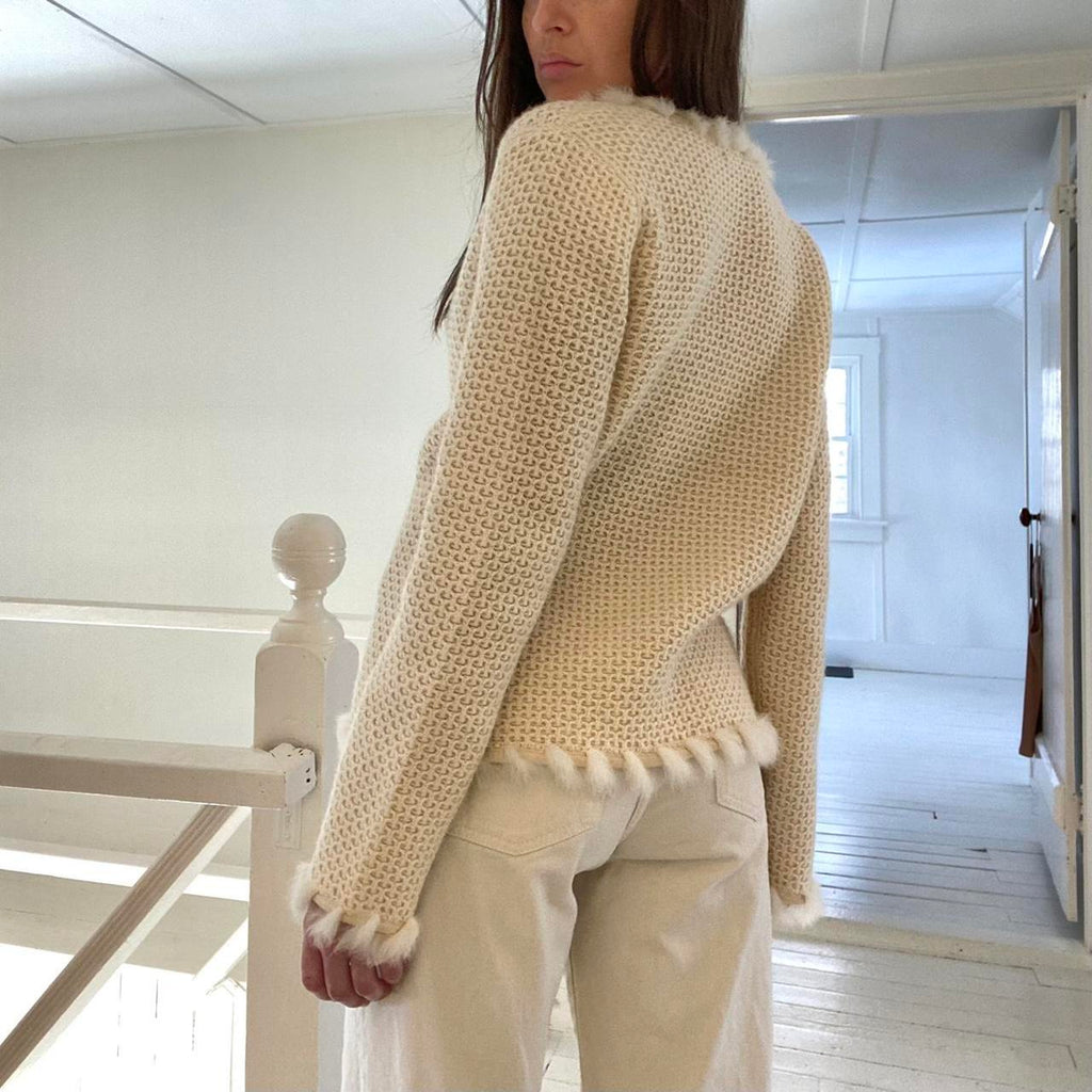 Jones New York Fur Trimmed Wool Cardigan Sweater Size PS