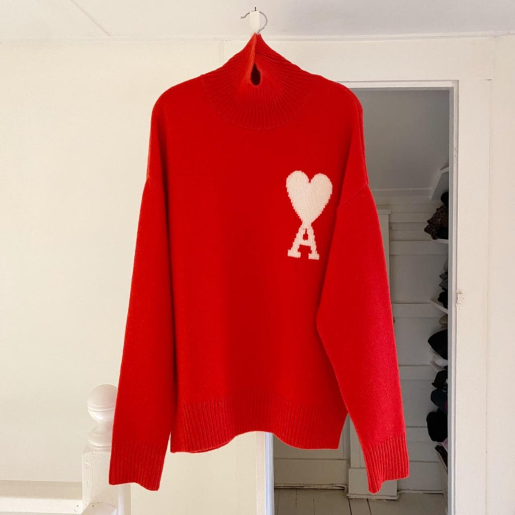 AMI Alexandre Mattiussi Ami De Coeur Wool Turtleneck Sweater in Red Mens Size M