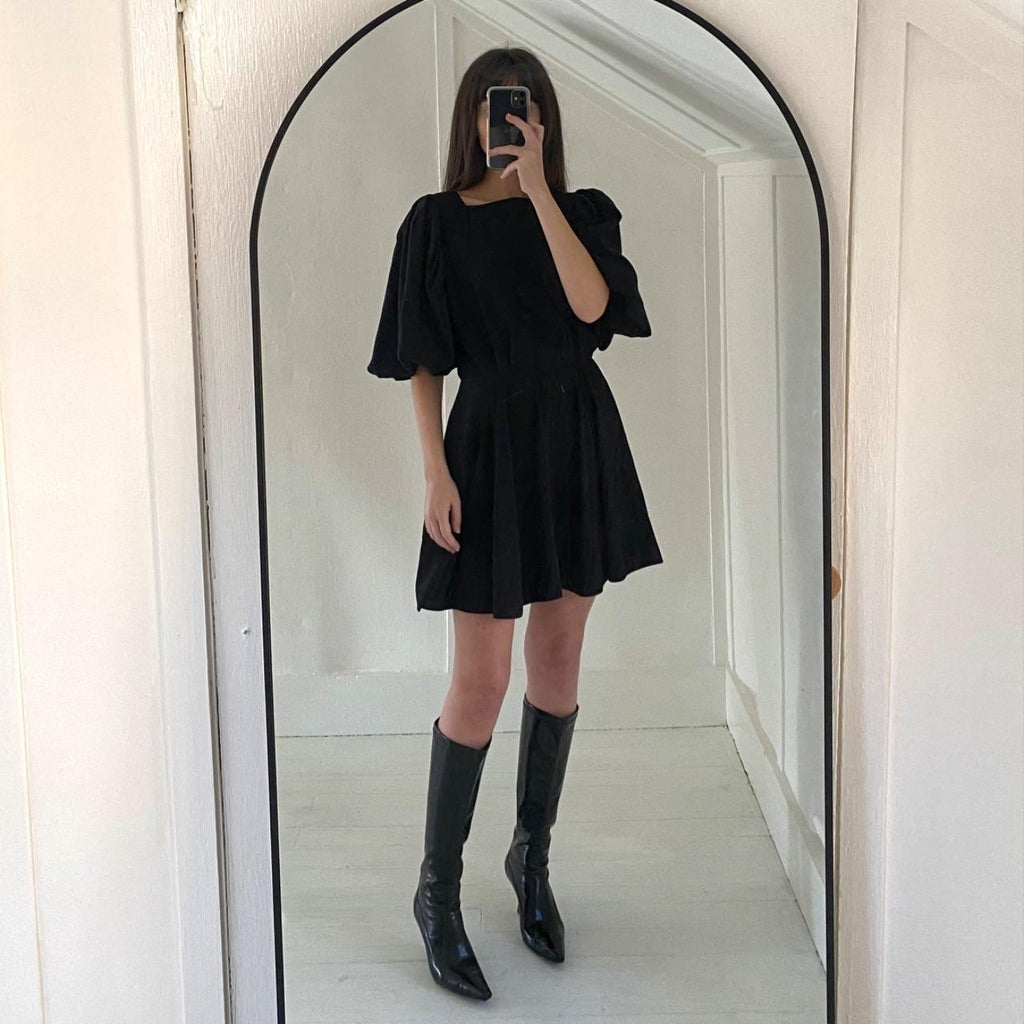 The Femm Violet Open Back Puff Sleeve Mini Dress in Black NWT Size S