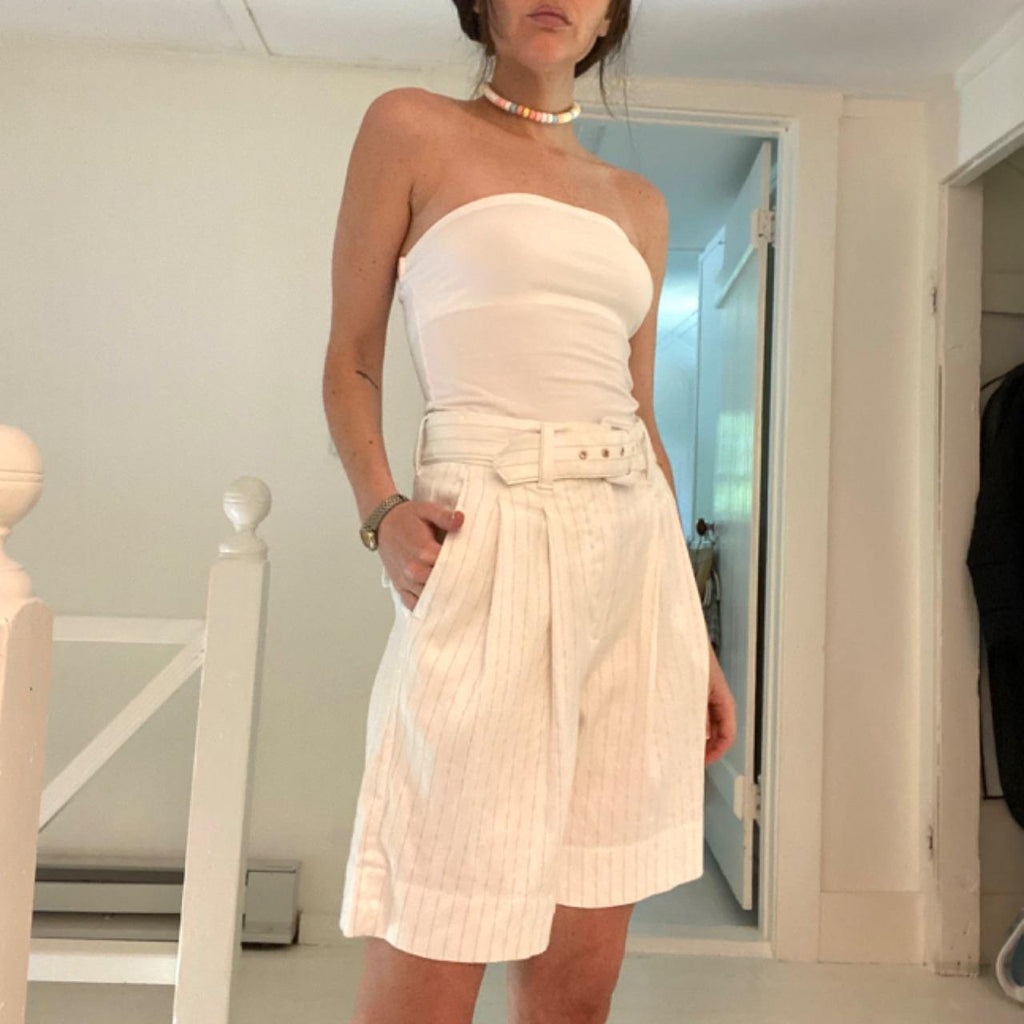 Banana Republic Pinstripe Linen Bermuda Short Ivory & Navy Stripe Size 0P