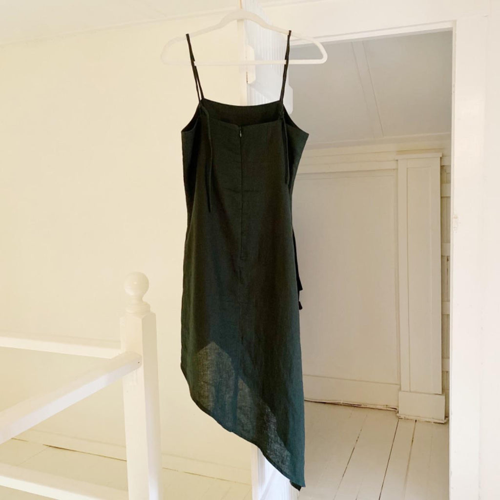 SIR The Label Rosa Linen Asymmetric Midi Dress in Forest Size 1