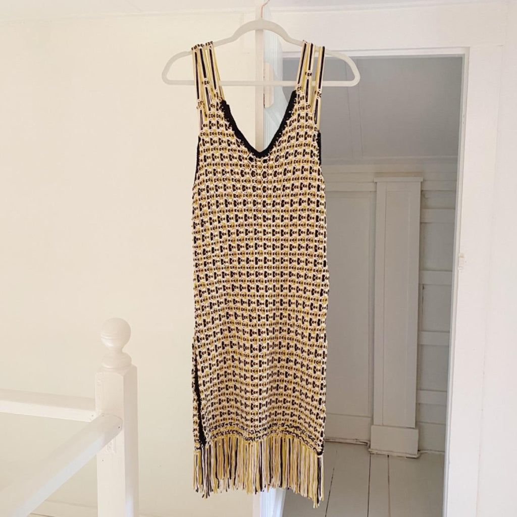 Edun Macrame Fringe Midi Dress in Black Multi NWT Size M
