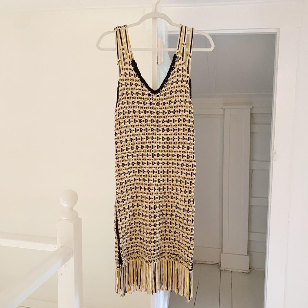 Edun Macrame Fringe Midi Dress in Black Multi NWT Size M