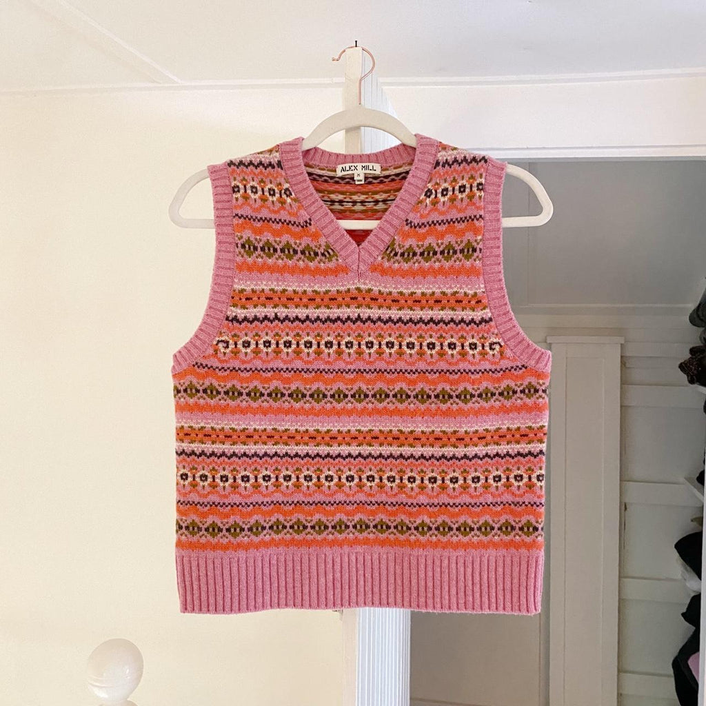 Alex Mill Francis Merino Wool Fair Isle Sweater Vest in Peony Combo Size M