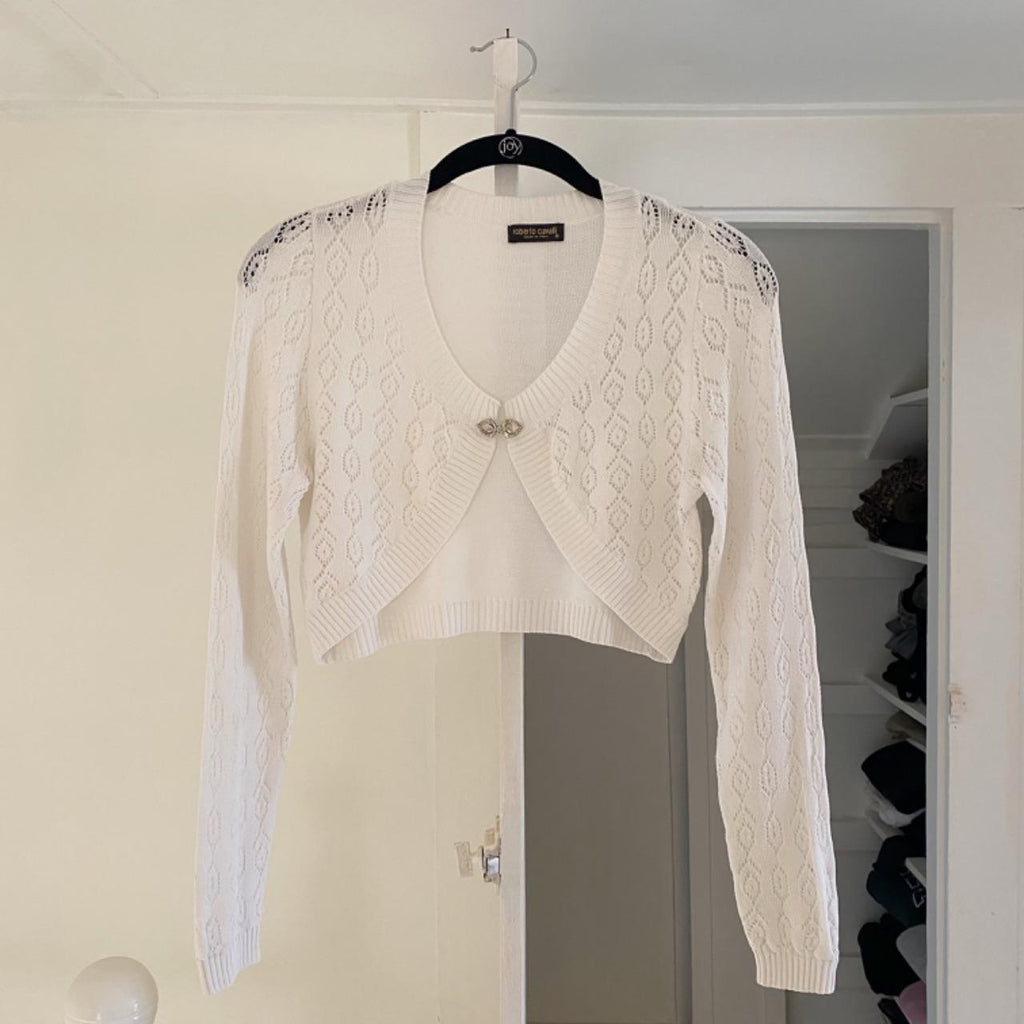 Roberto Cavalli Vintage Y2K Pointelle Knit Cropped Cardigan Shrug Size XS