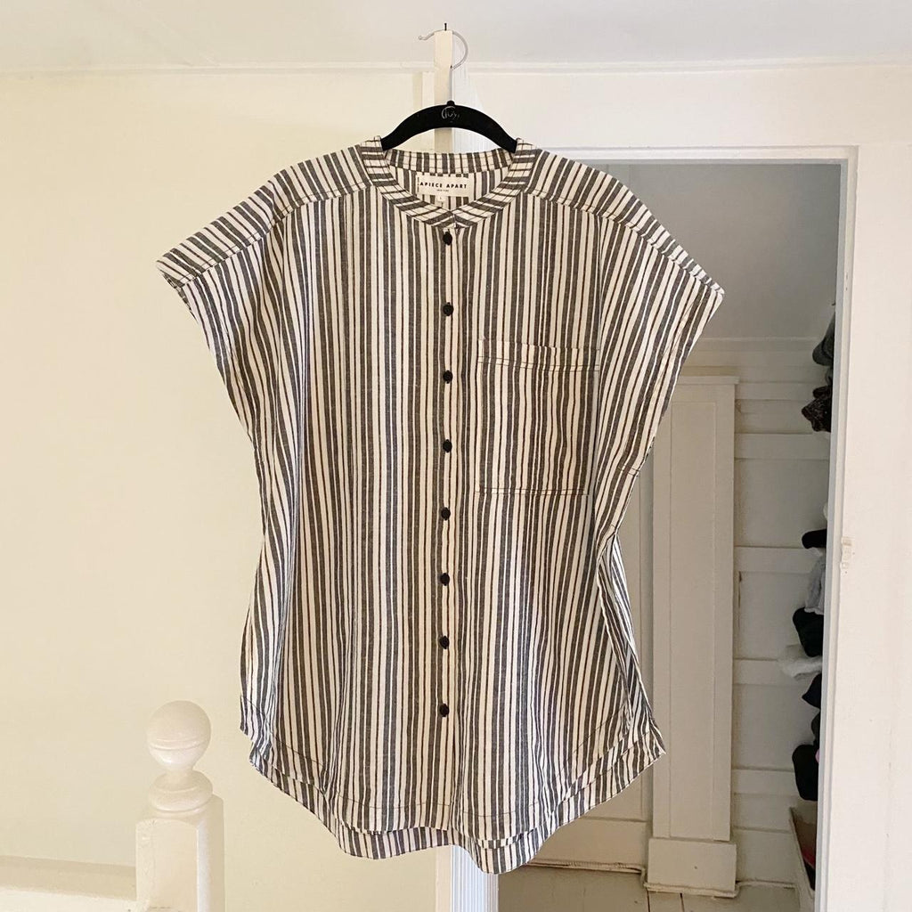 Apiece Apart Pia Cotton Linen Tunic Shirt in Espana Stripe Size L