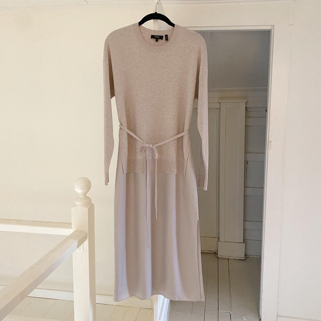 Theory Midi Sweater Dress in Oatmeal Combo Twill Size P