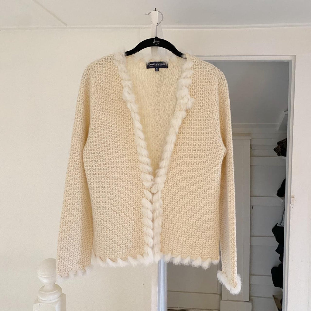 Jones New York Fur Trimmed Wool Cardigan Sweater Size PS