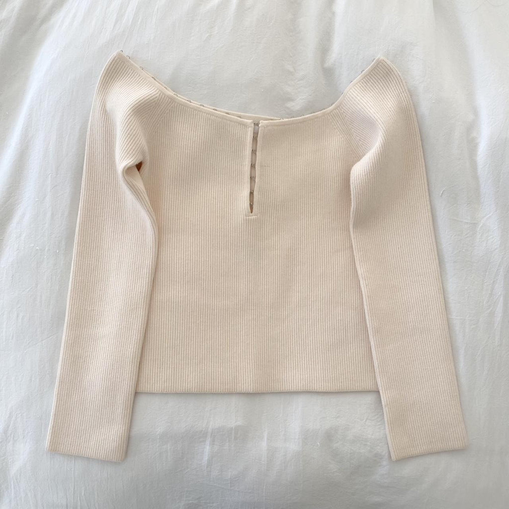 Helmut Lang Eyelet Hook Off Shoulder Knit Top in Winter White NWT Size M