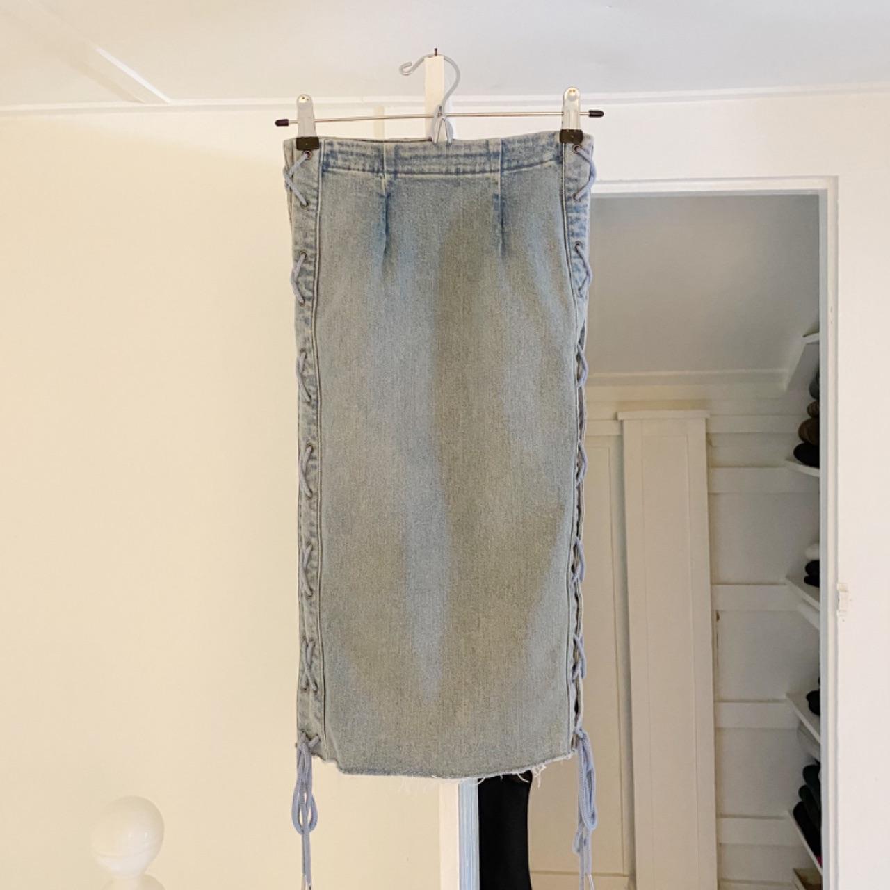 Grlfrnd Crystal Denim Lace Up Pencil Skirt in Beat Drop Size XS