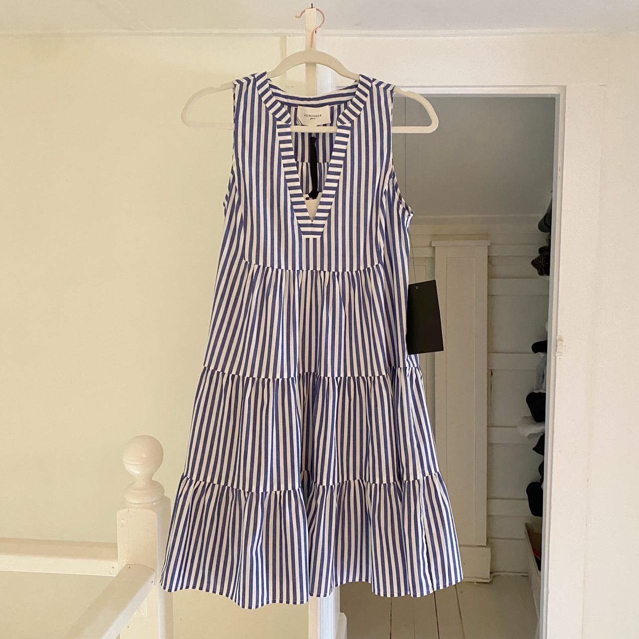 Pomander Place Kenzo Sleeveless Poplin Mini Dress in Blue & White Stripe NWT Size S