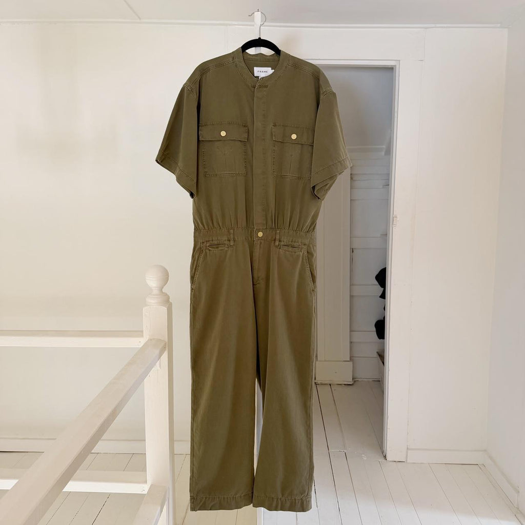 Frame Denim Le Tomboy Cotton Twill Jumpsuit in Washed Moss Size M
