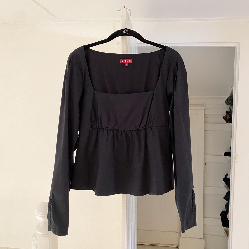 Staud Peggy Poplin Babydoll Top in Black Size M