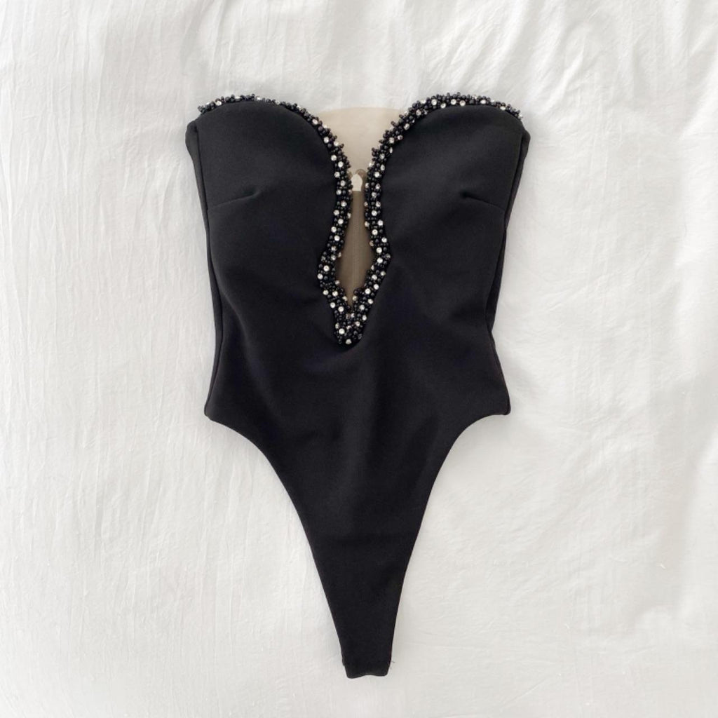 Nookie Adorn Crystal Beaded Cut Out Strapless Bodysuit Black Size XS