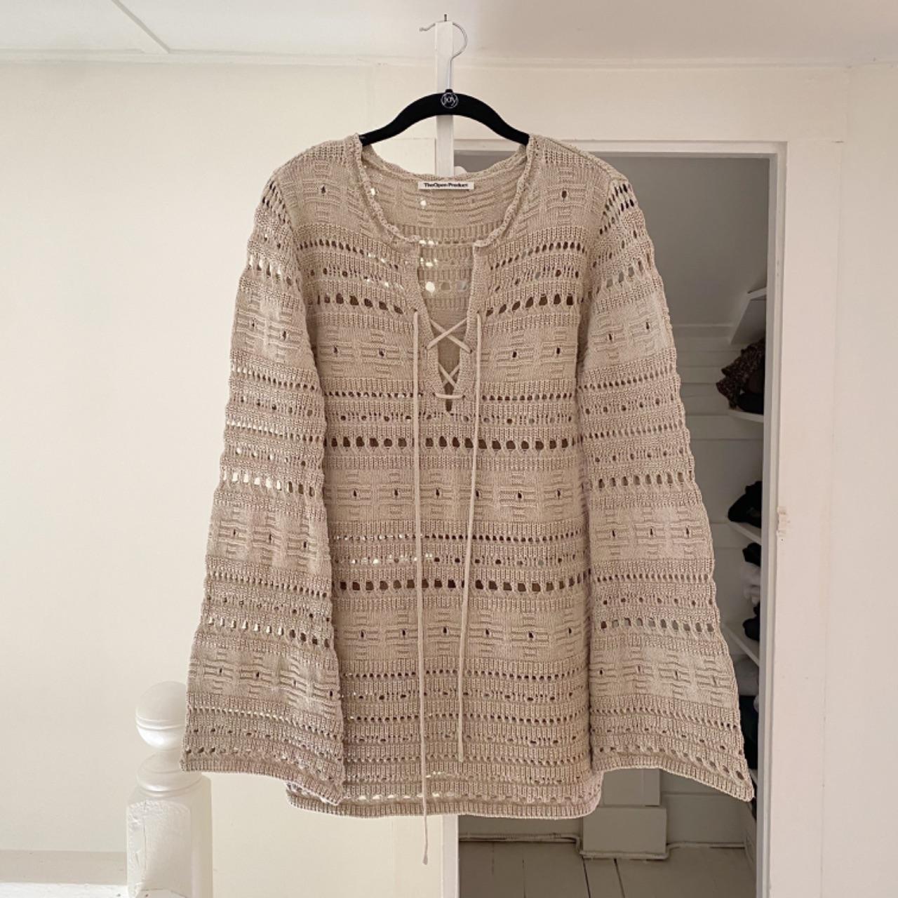 TheOpen Product Pointelle Crochet Knit Wide Sleeve Sweater in Beige Size 1