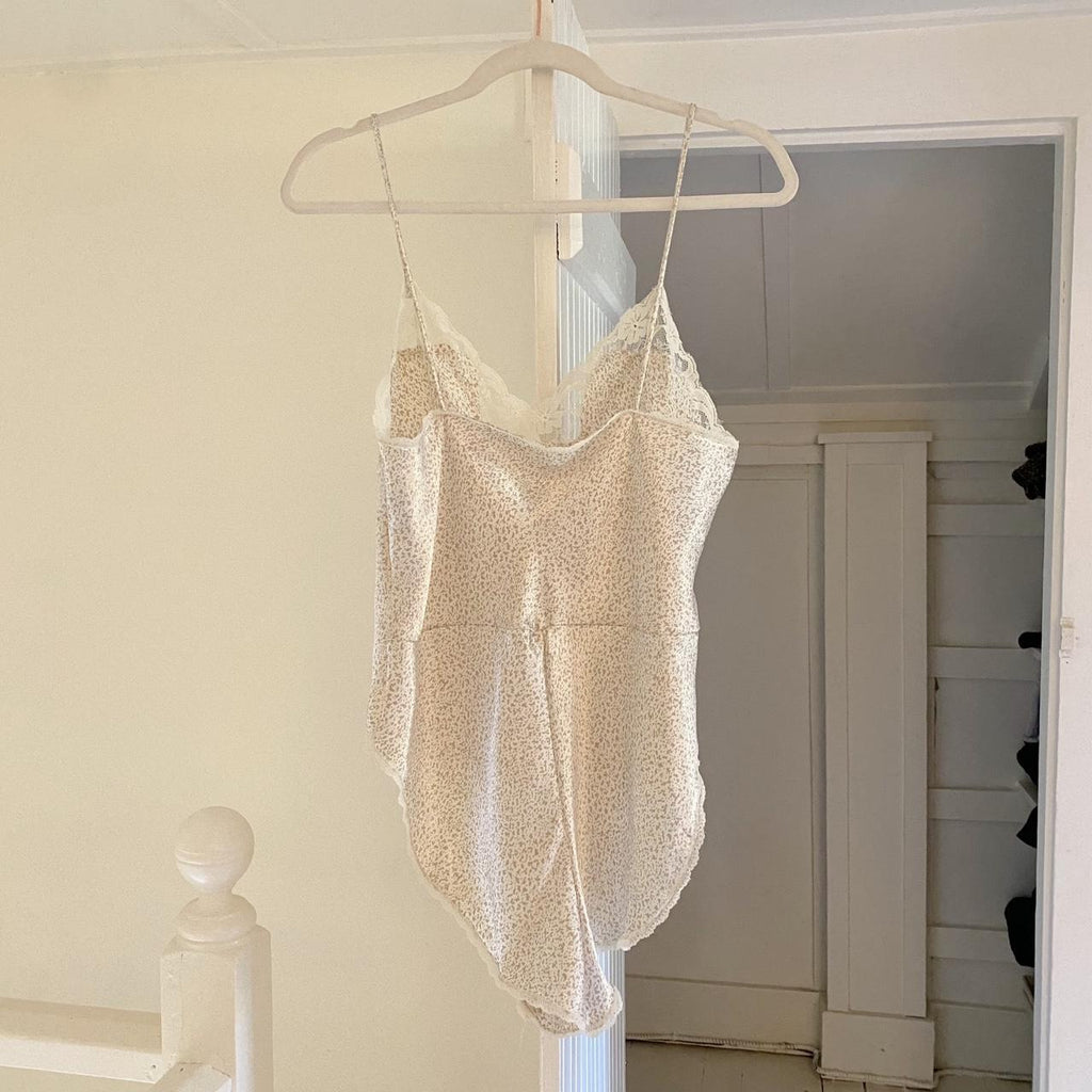 Vintage 80s Printed Satin Lace Trim Teddy Bodysuit Size M