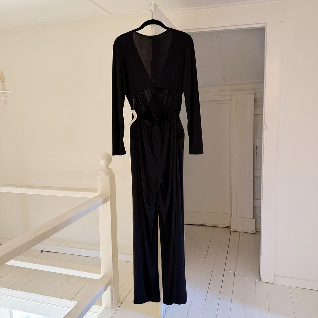 BCBGeneration Surplice Open Back Wide Leg Jumpsuit in Black NWT Size S