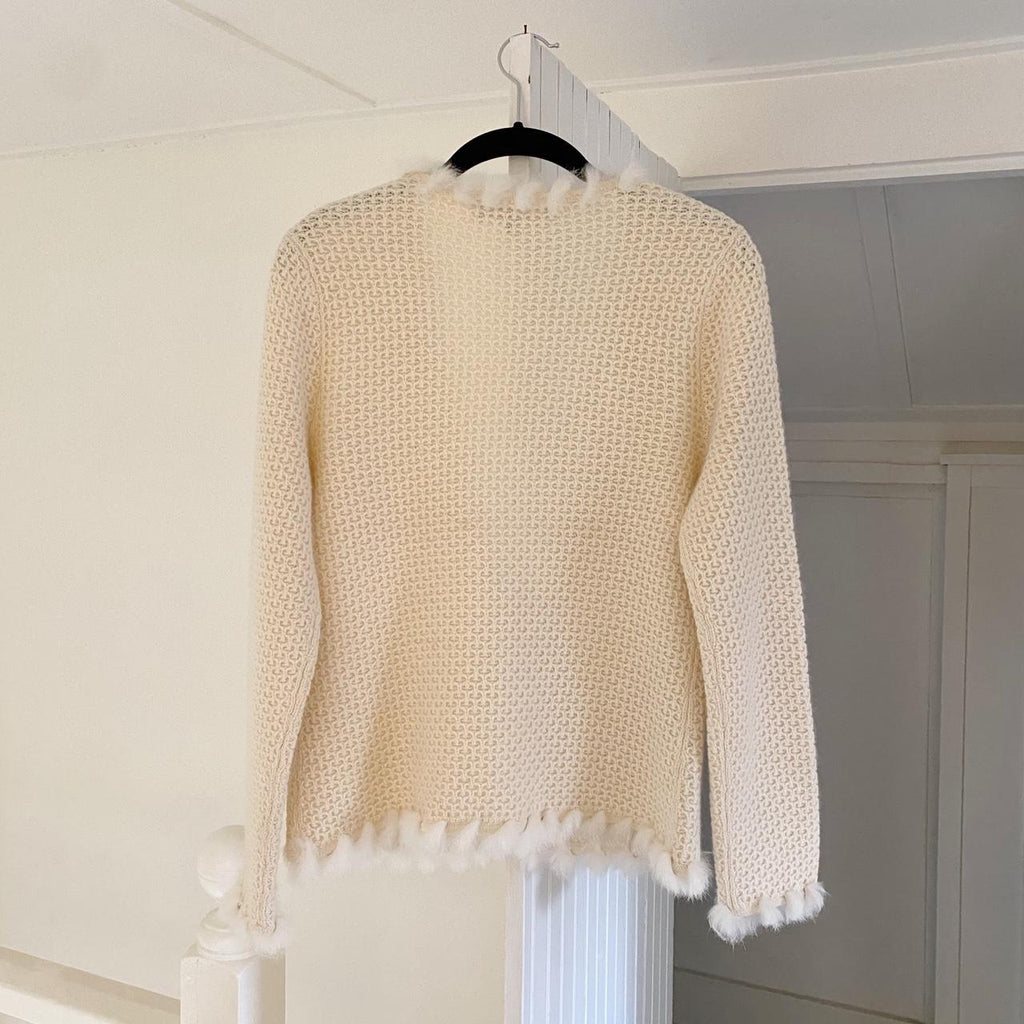 Jones New York Fur Trimmed Wool Cardigan Sweater Size PS