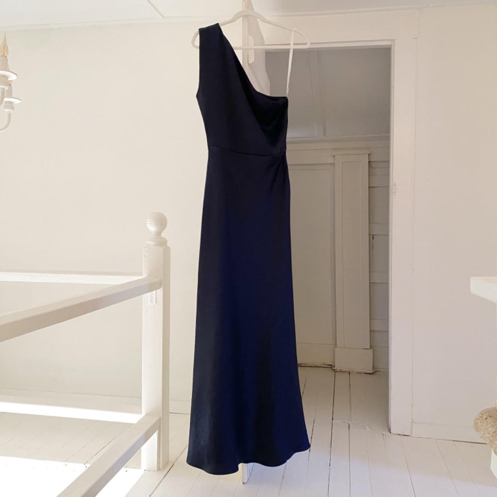 Bec + Bridge The Dreamer Satin Asymmetric One Shoulder Maxi Dress in Ink Size 12