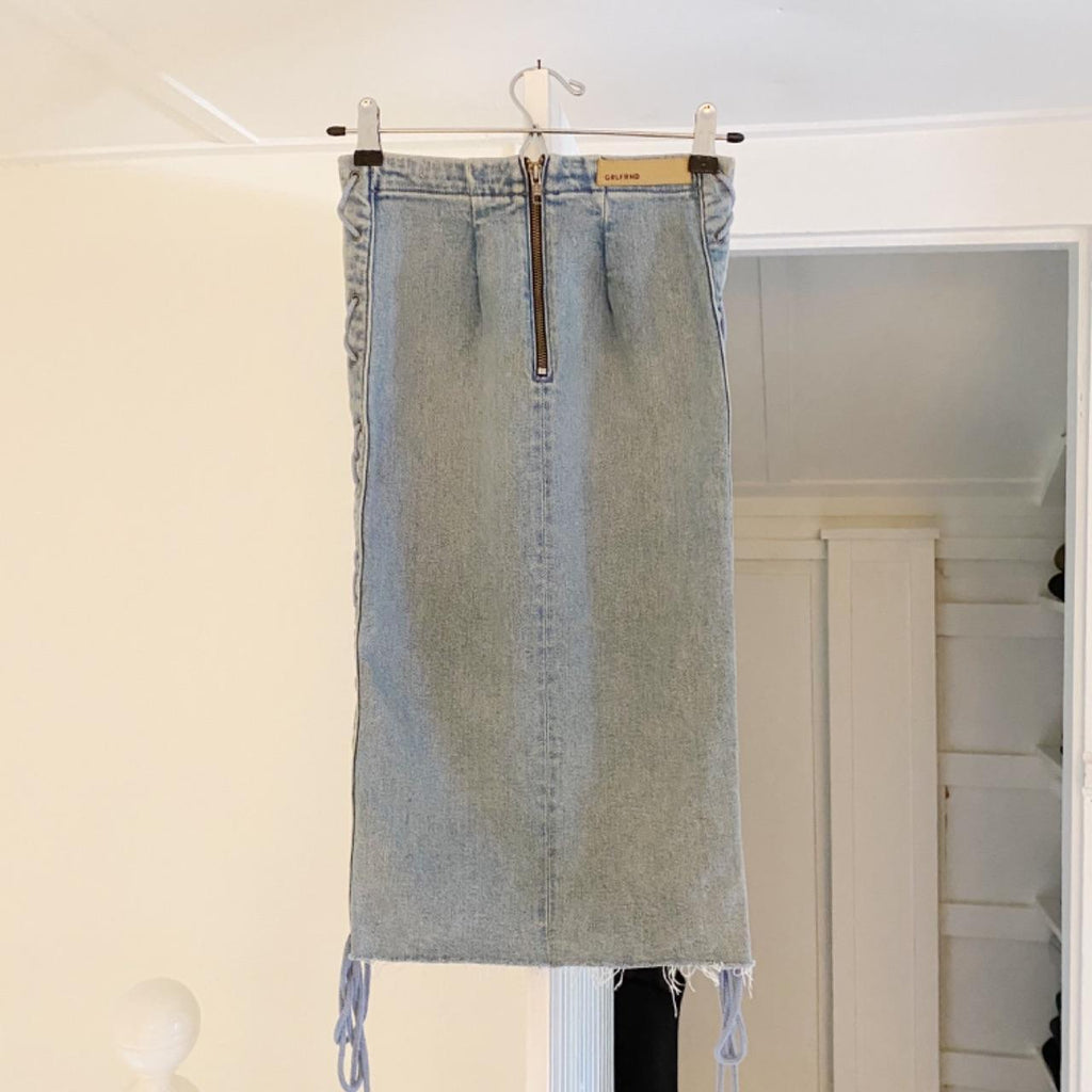 Grlfrnd Crystal Denim Lace Up Pencil Skirt in Beat Drop Size XS