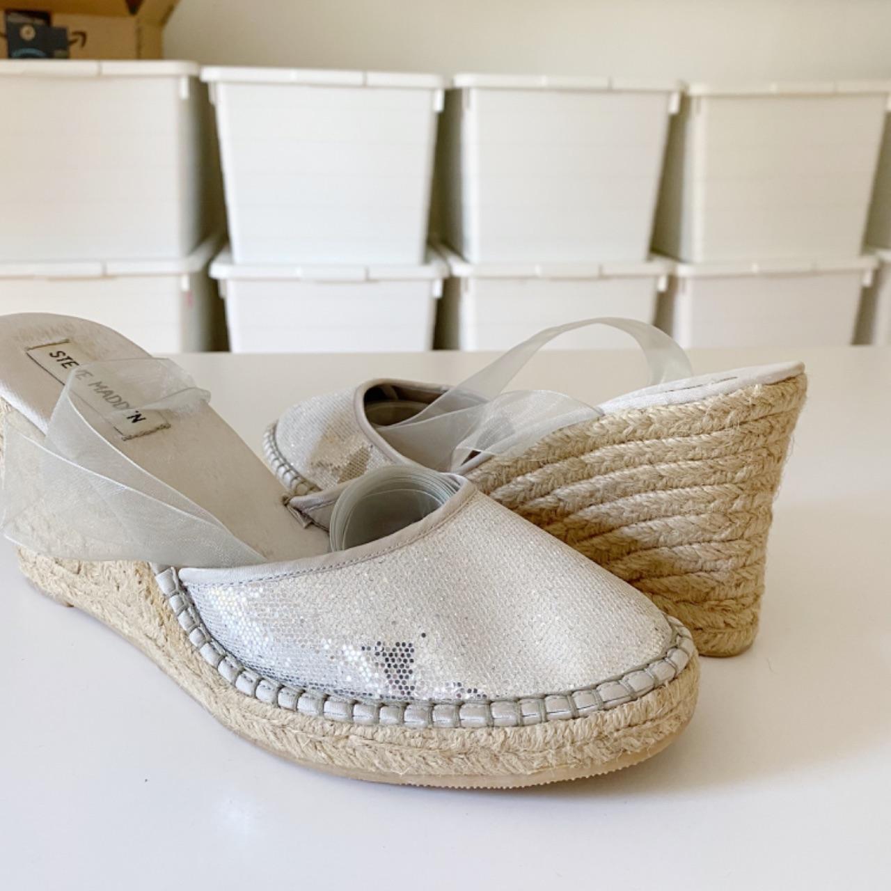 Steve Madden P-Boca Sequin Ribbon Wrap Espadrille Wedges Size 8