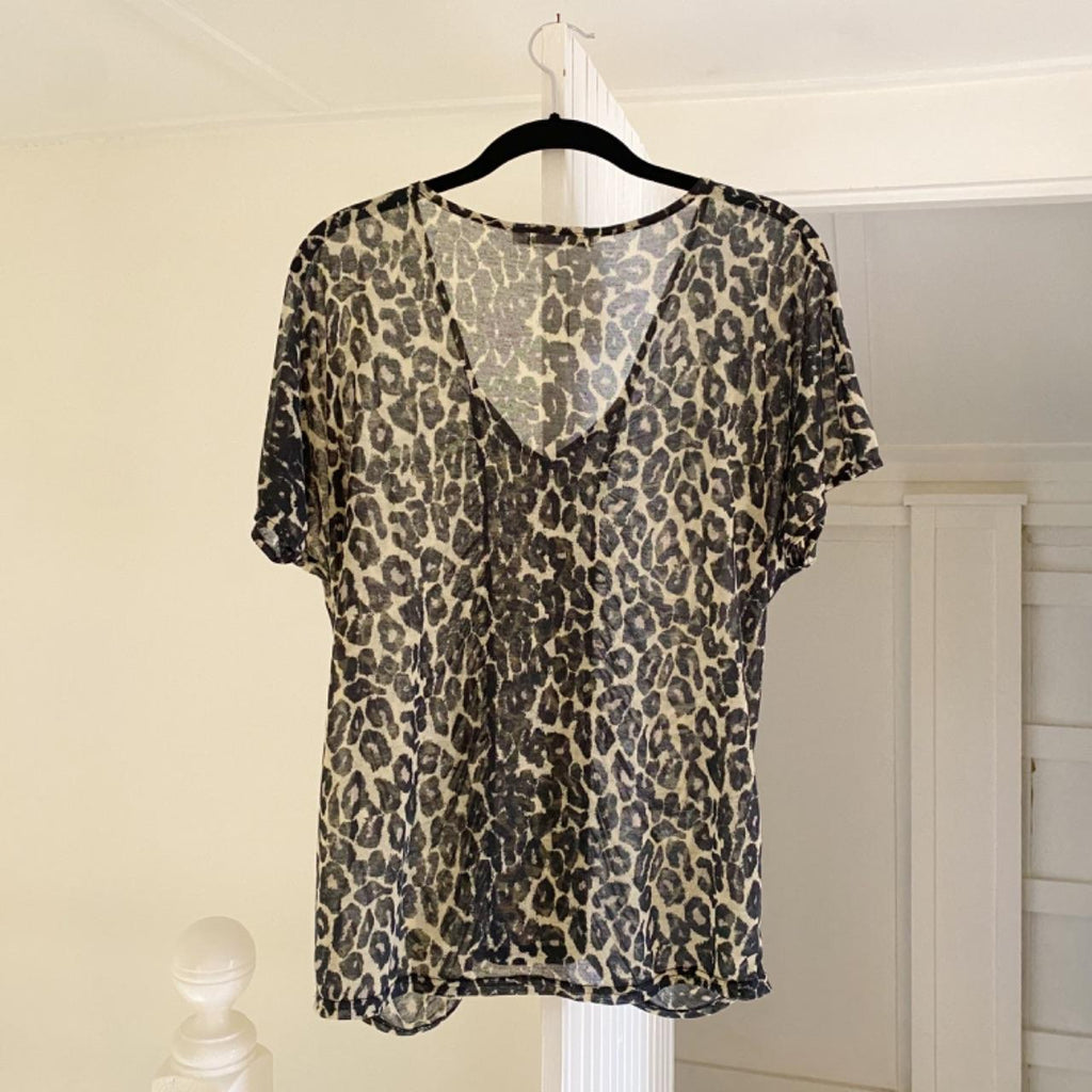 MinkPink Leopard Print Semi-Sheer Ruched Drape Top Size S